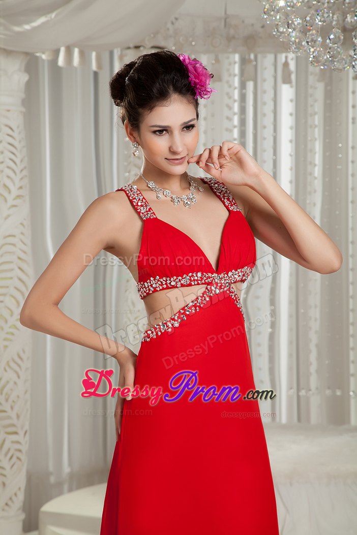Sexy 2013 Crisscross Back Red Straps Chiffon Prom Gown Beaded