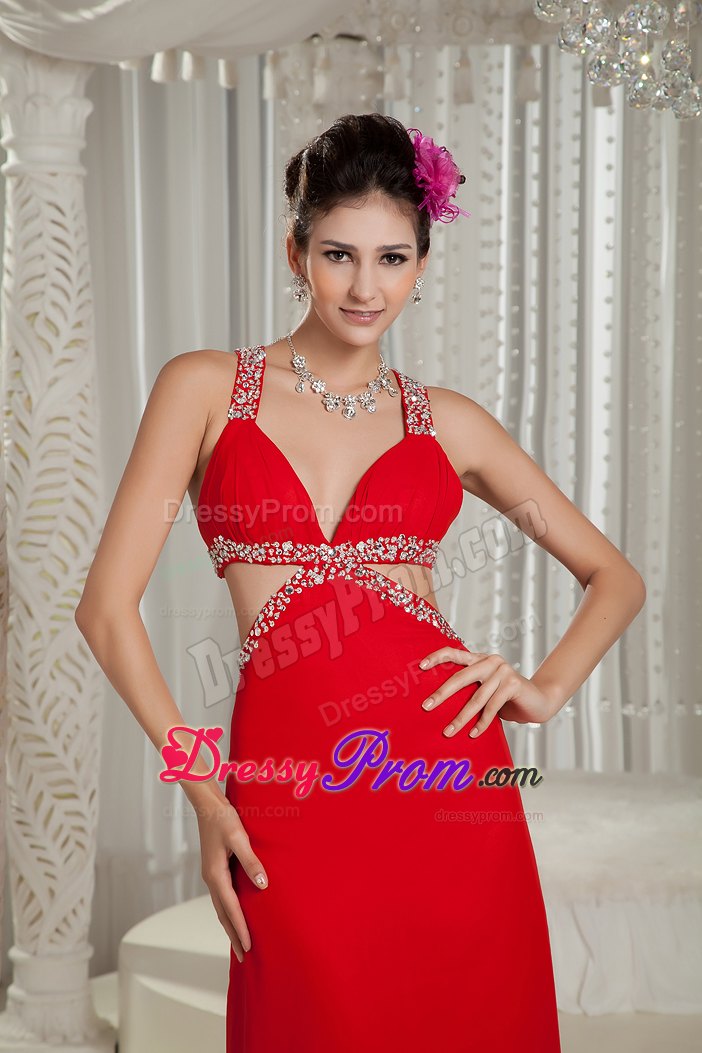 Sexy 2013 Crisscross Back Red Straps Chiffon Prom Gown Beaded
