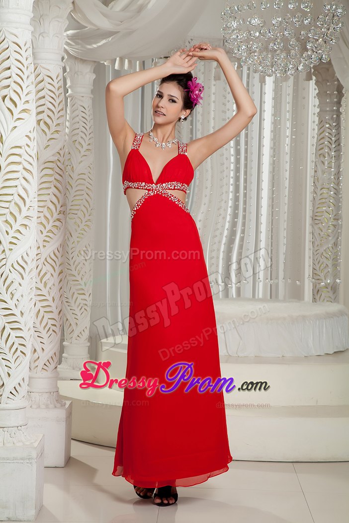 Sexy 2013 Crisscross Back Red Straps Chiffon Prom Gown Beaded