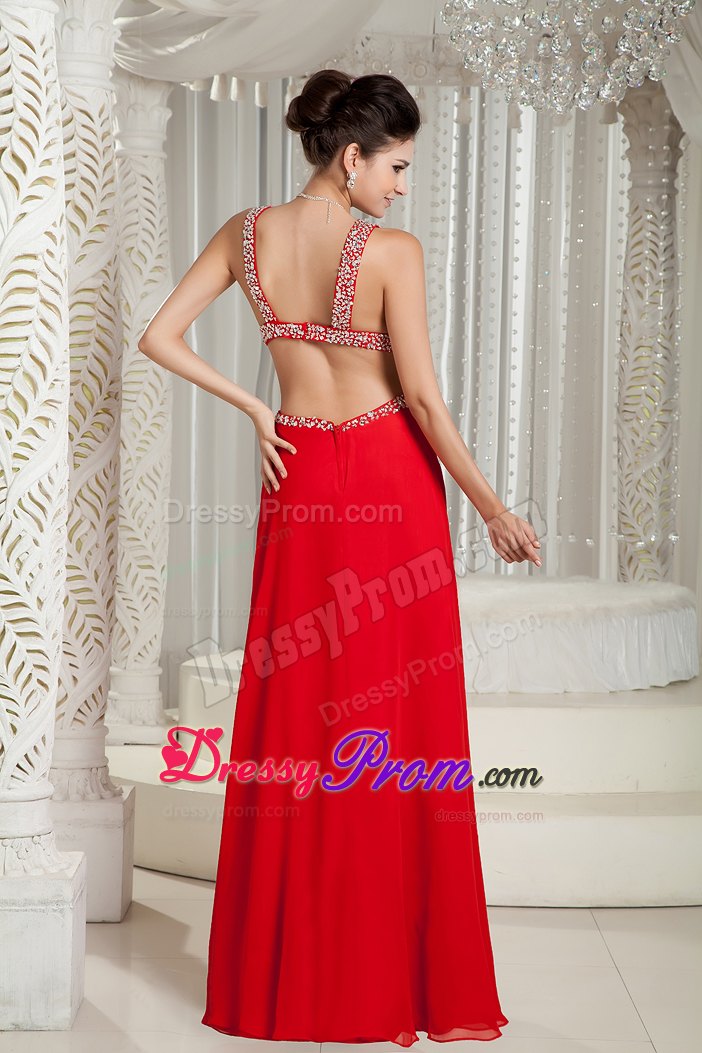 Sexy 2013 Crisscross Back Red Straps Chiffon Prom Gown Beaded