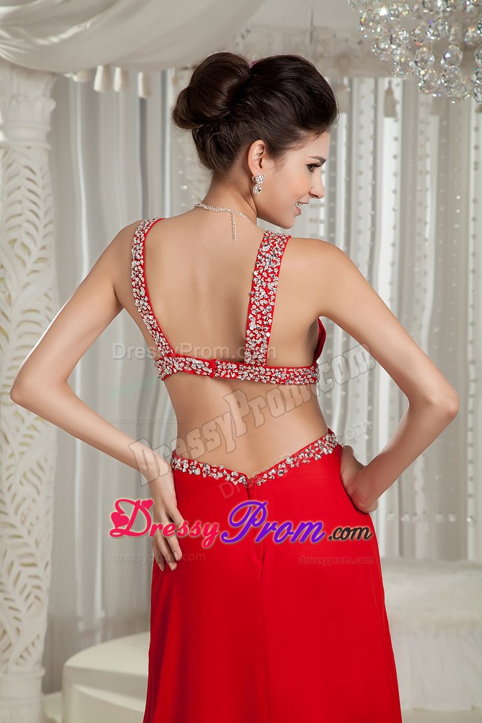 Sexy 2013 Crisscross Back Red Straps Chiffon Prom Gown Beaded