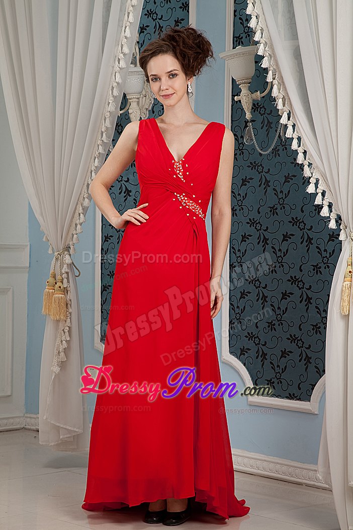 Column V-neck Red Beading Chiffon Prom Dress with Brush Train