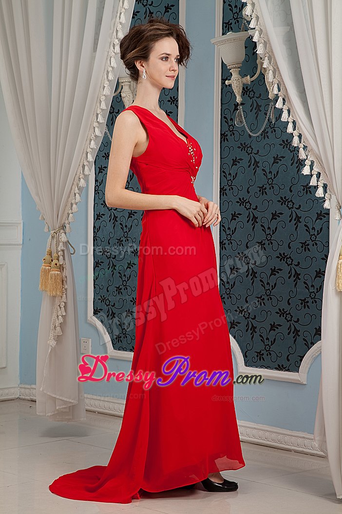 Column V-neck Red Beading Chiffon Prom Dress with Brush Train