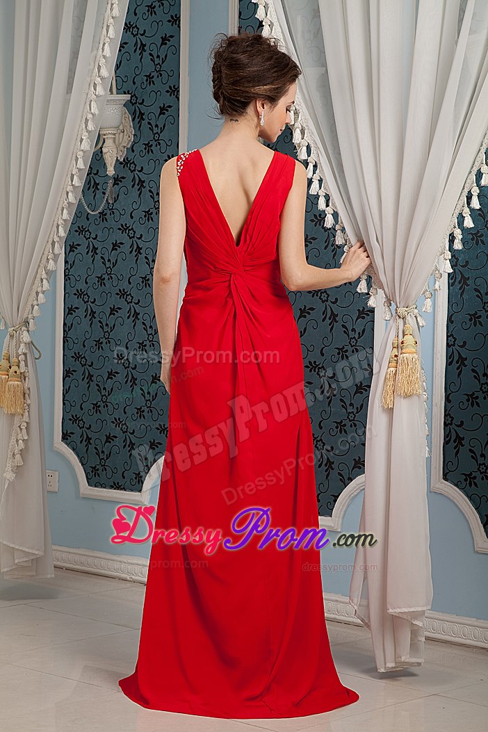 Column V-neck Red Beading Chiffon Prom Dress with Brush Train