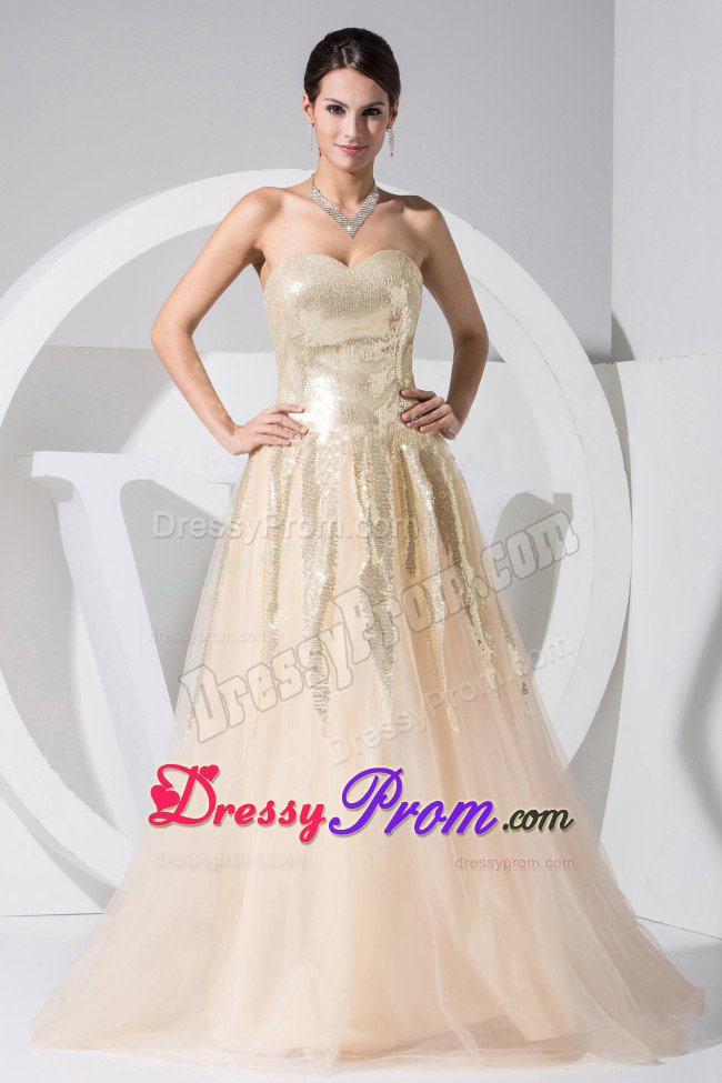 Champagne Sequined Tulle Discount Sweetheart Prom Dress 2013