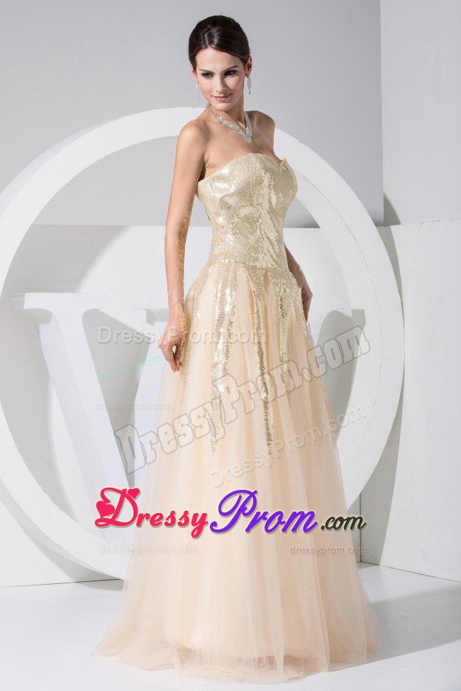 Champagne Sequined Tulle Discount Sweetheart Prom Dress 2013