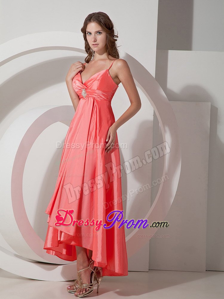 Spaghetti Straps Satin V-neck Watermelon Prom Dress with Beads