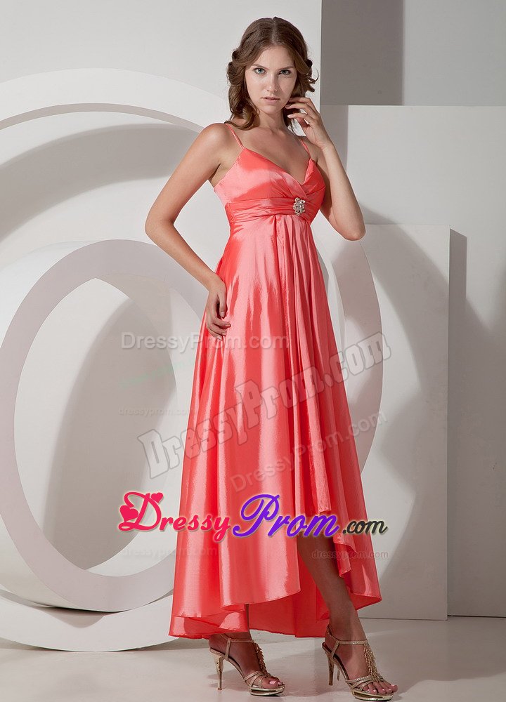 Spaghetti Straps Satin V-neck Watermelon Prom Dress with Beads