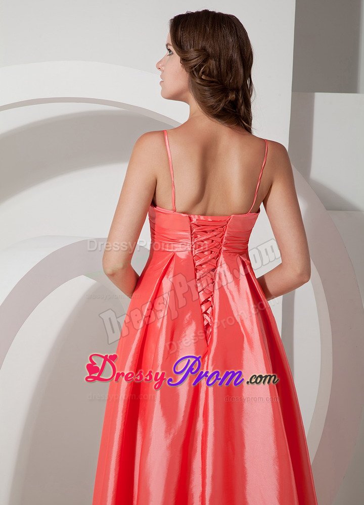 Spaghetti Straps Satin V-neck Watermelon Prom Dress with Beads