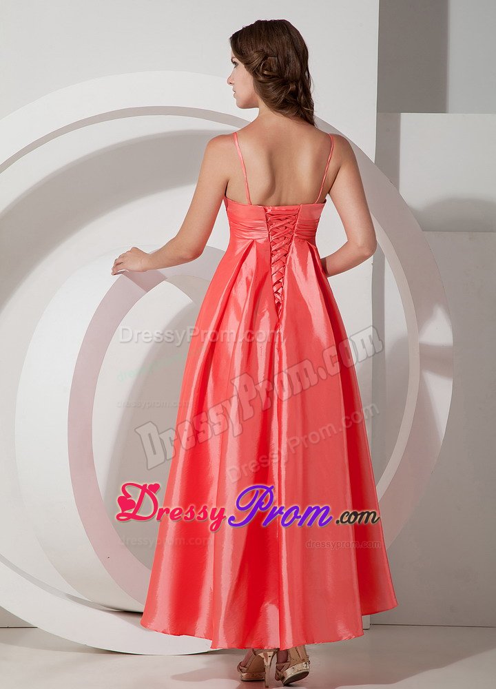 Spaghetti Straps Satin V-neck Watermelon Prom Dress with Beads