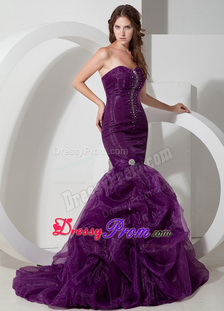 Purple Court Train Trumpet Sweetheart Organza Beaded Prom Gown