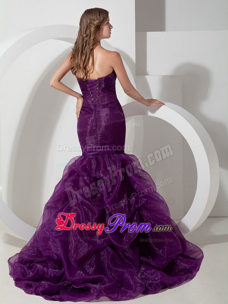Purple Court Train Trumpet Sweetheart Organza Beaded Prom Gown