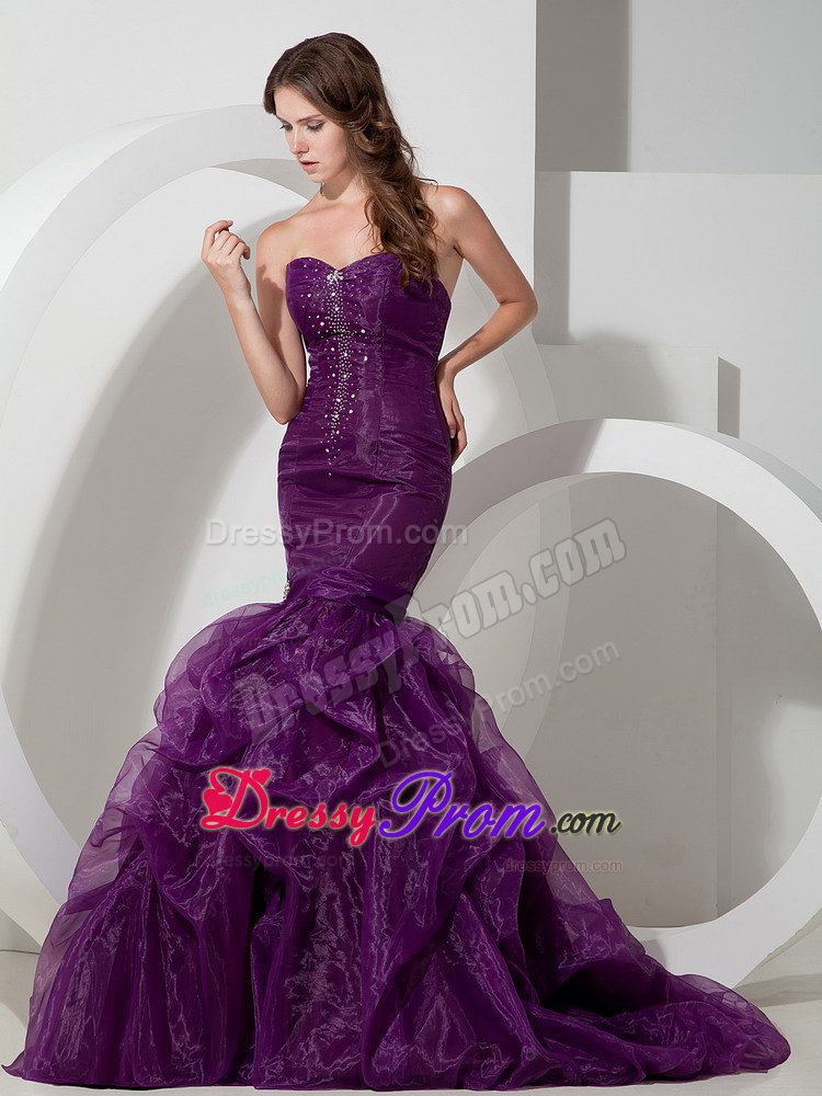 Purple Court Train Trumpet Sweetheart Organza Beaded Prom Gown