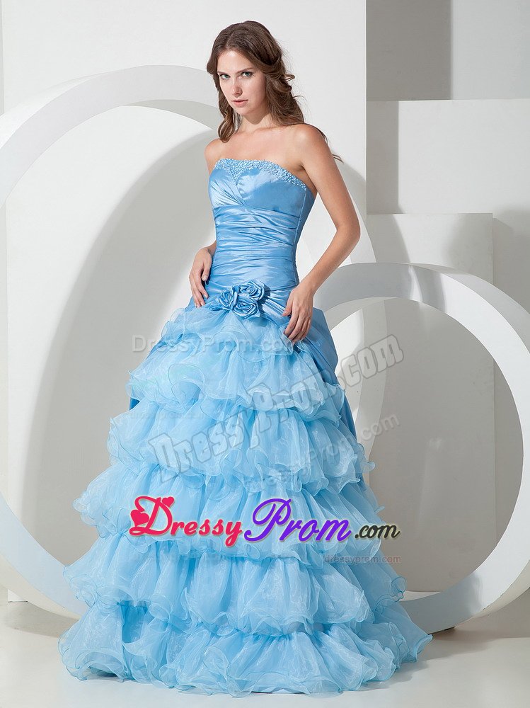 Baby Blue Organza Strapless Hand Flowers Prom Dress Ruffled