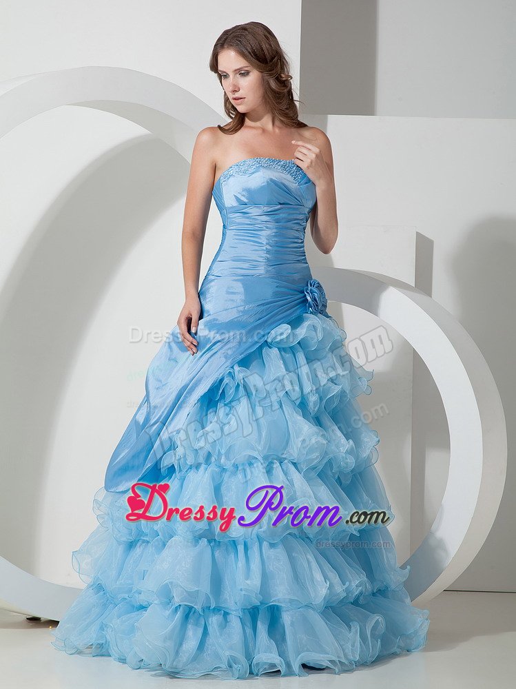 Baby Blue Organza Strapless Hand Flowers Prom Dress Ruffled