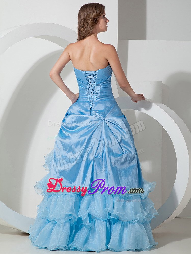 Baby Blue Organza Strapless Hand Flowers Prom Dress Ruffled