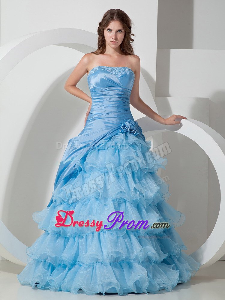 Baby Blue Organza Strapless Hand Flowers Prom Dress Ruffled