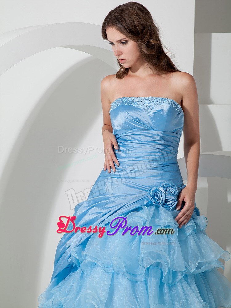 Baby Blue Organza Strapless Hand Flowers Prom Dress Ruffled