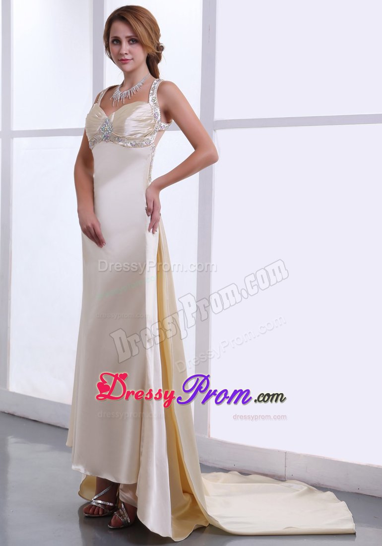 Beaded Champagne Watteau Train Straps Prom Dress with Ruching
