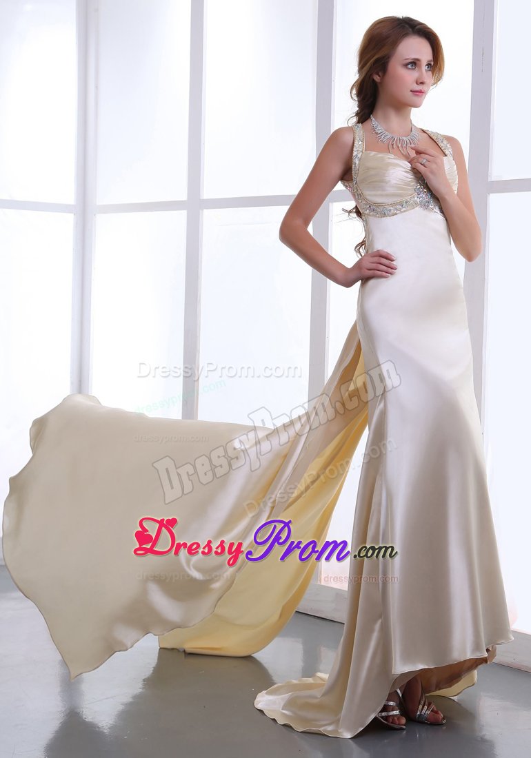 Beaded Champagne Watteau Train Straps Prom Dress with Ruching