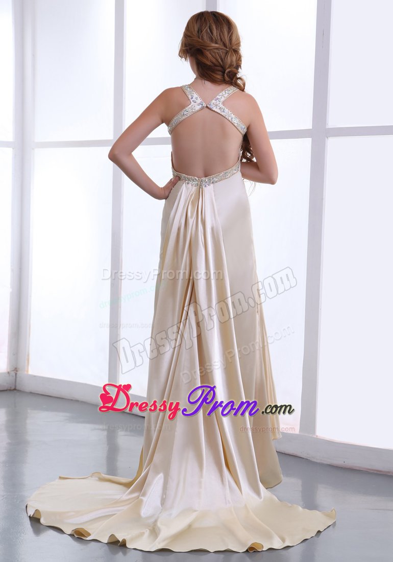 Beaded Champagne Watteau Train Straps Prom Dress with Ruching
