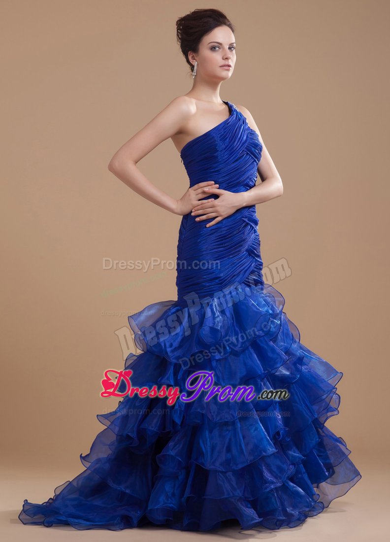 Royal Blue One Shoulder Mermaid Organza Prom Dress Ruffled
