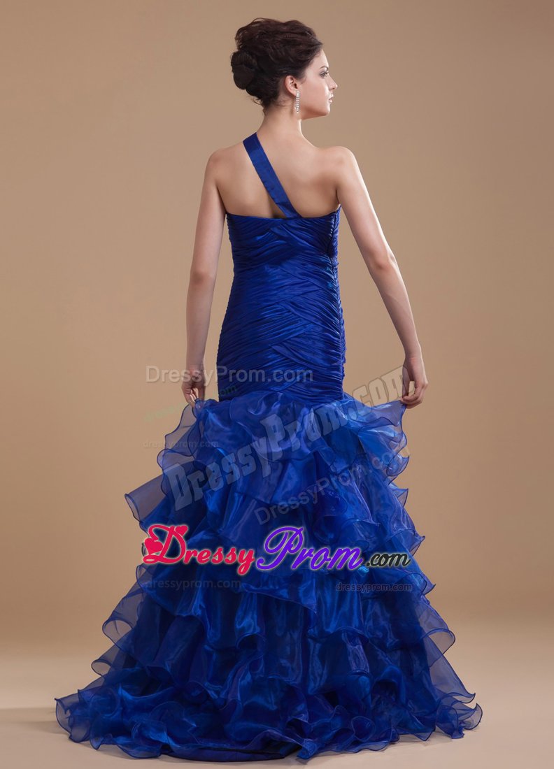 Royal Blue One Shoulder Mermaid Organza Prom Dress Ruffled
