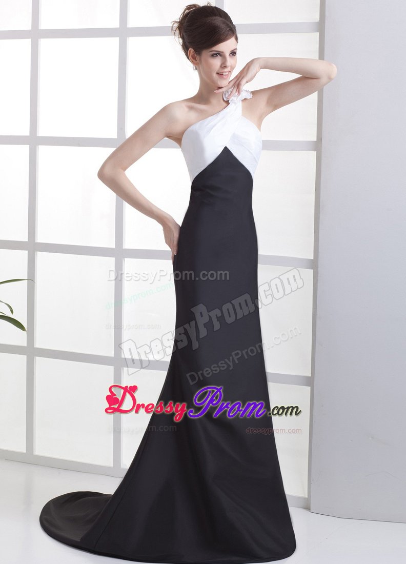 Satin White and Black One Shoulder Prom Gown with Hand Flower