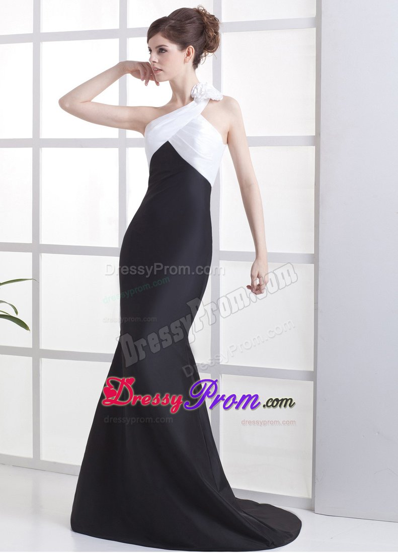 Satin White and Black One Shoulder Prom Gown with Hand Flower