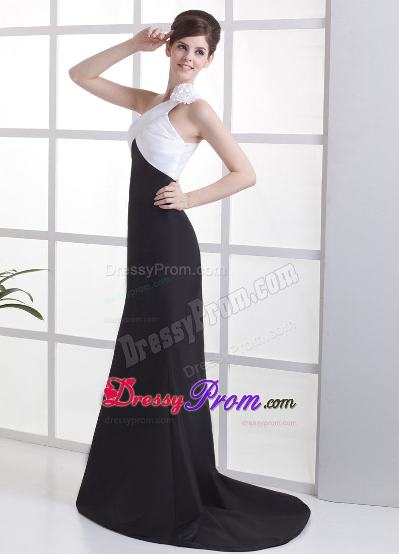 Satin White and Black One Shoulder Prom Gown with Hand Flower
