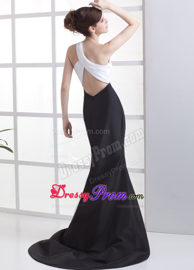 Satin White and Black One Shoulder Prom Gown with Hand Flower