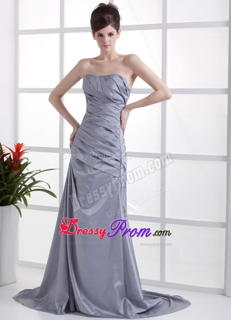 Strapless Ruche Grey Taffeta Brush Train Prom Dress with Beads