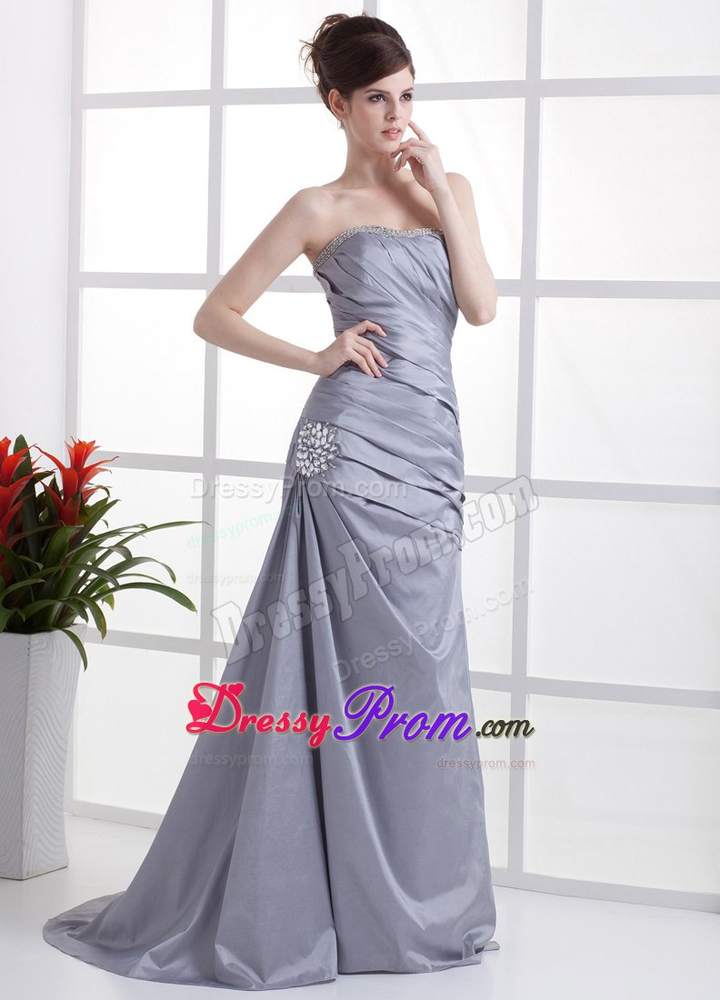 Strapless Ruche Grey Taffeta Brush Train Prom Dress with Beads