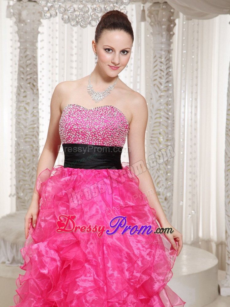 Hot Pink High-low Beaded Belt Prom Party Dress with Ruffles