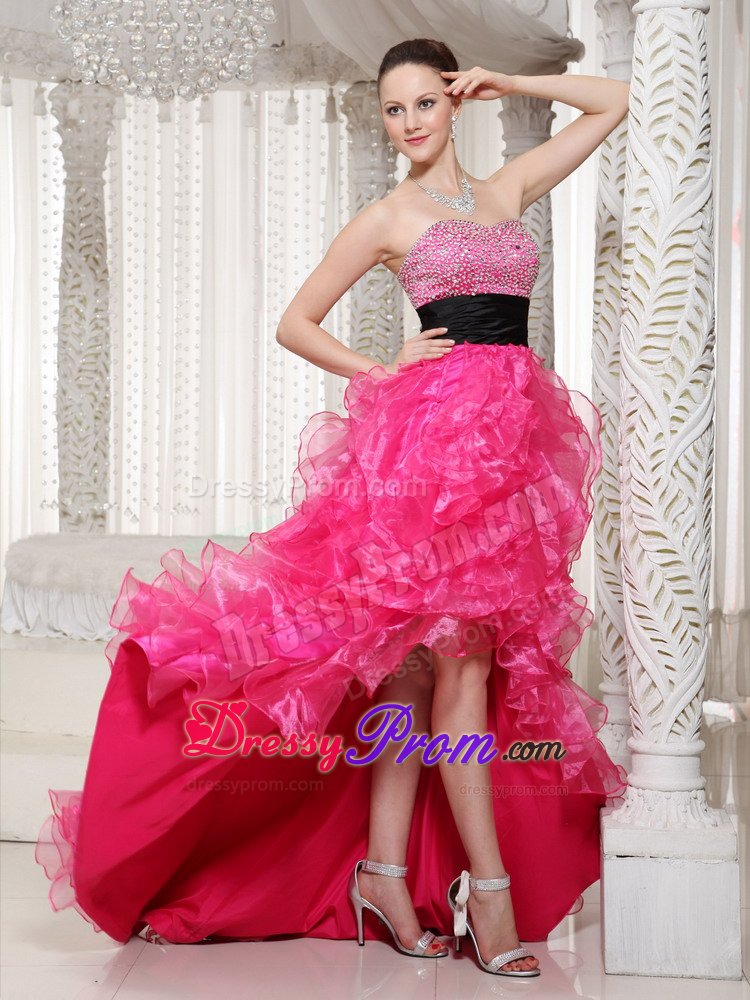 Hot Pink High-low Beaded Belt Prom Party Dress with Ruffles