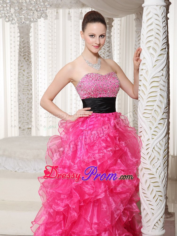 Hot Pink High-low Beaded Belt Prom Party Dress with Ruffles