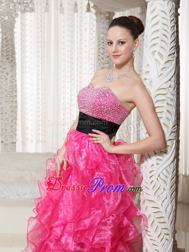 Hot Pink High-low Beaded Belt Prom Party Dress with Ruffles