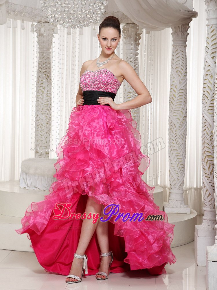 Hot Pink High-low Beaded Belt Prom Party Dress with Ruffles