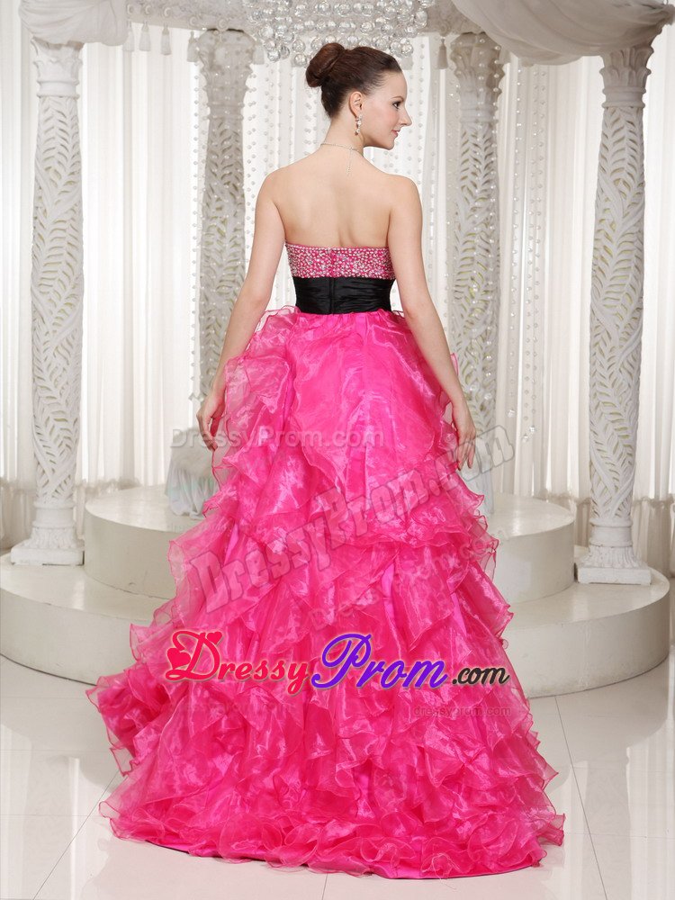 Hot Pink High-low Beaded Belt Prom Party Dress with Ruffles