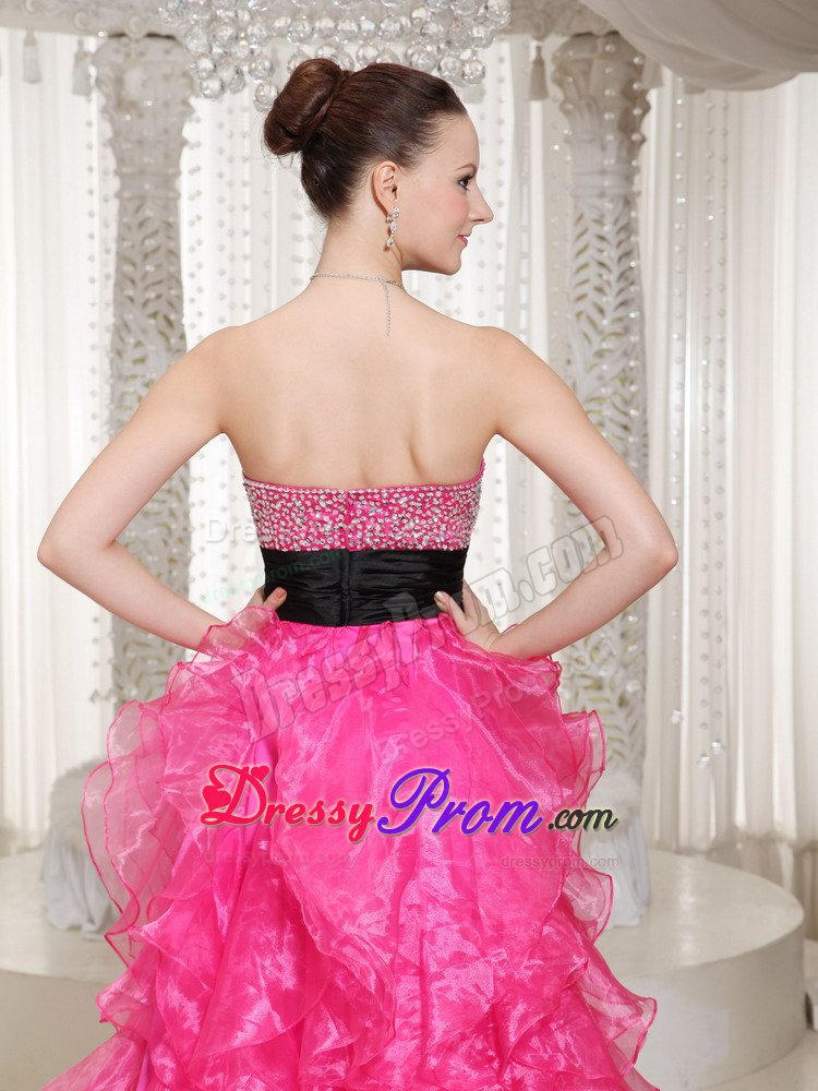 Hot Pink High-low Beaded Belt Prom Party Dress with Ruffles