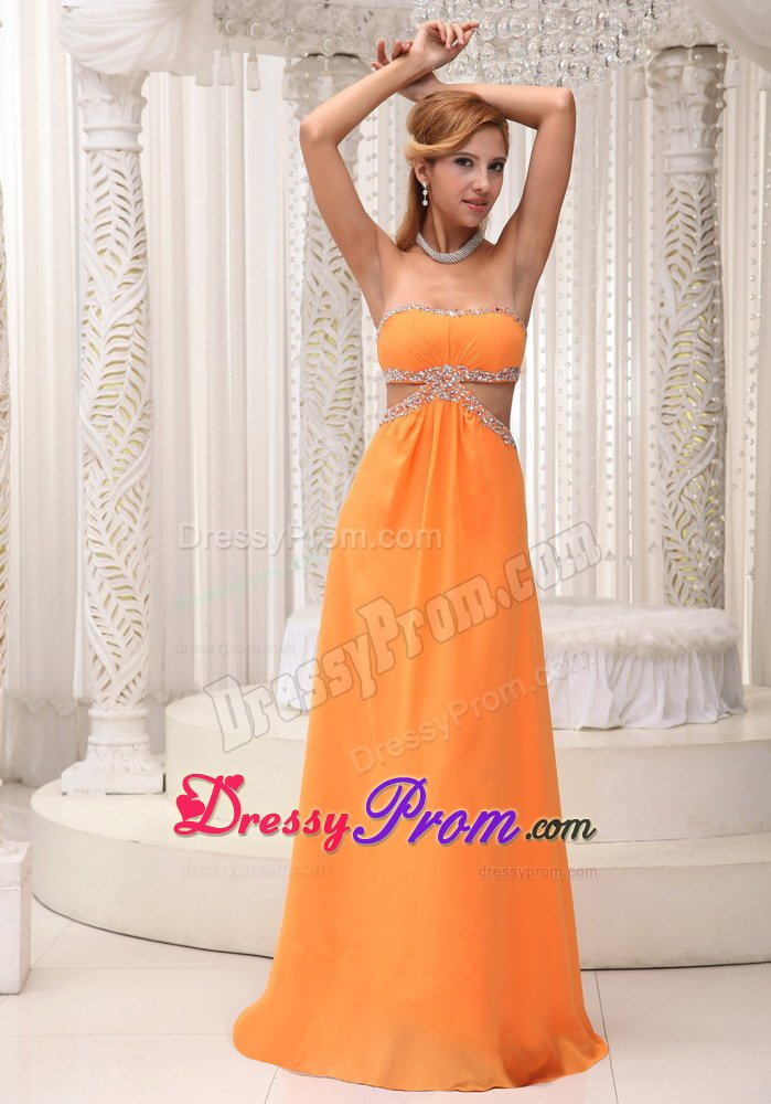 Orange Beaded Chiffon Waist Cut 2013 Prom Gown with Open back