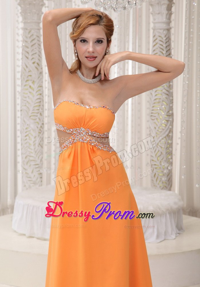 Orange Beaded Chiffon Waist Cut 2013 Prom Gown with Open back