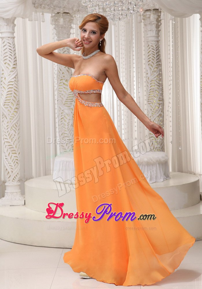 Orange Beaded Chiffon Waist Cut 2013 Prom Gown with Open back