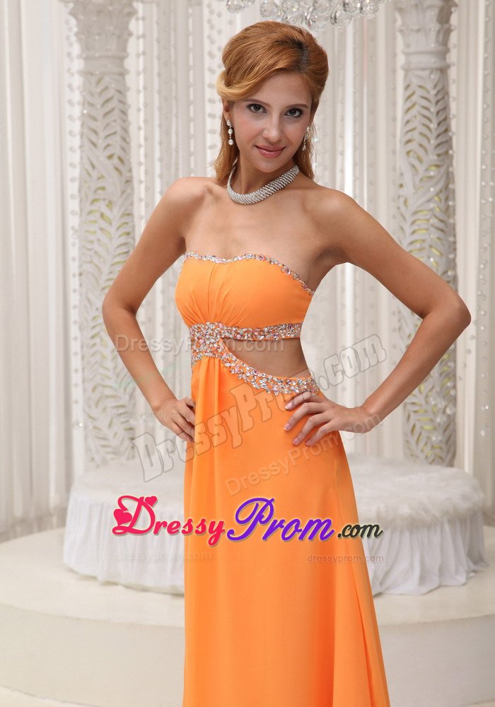 Orange Beaded Chiffon Waist Cut 2013 Prom Gown with Open back
