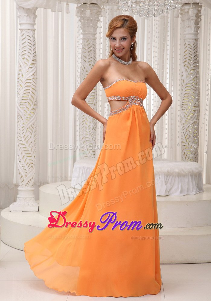 Orange Beaded Chiffon Waist Cut 2013 Prom Gown with Open back