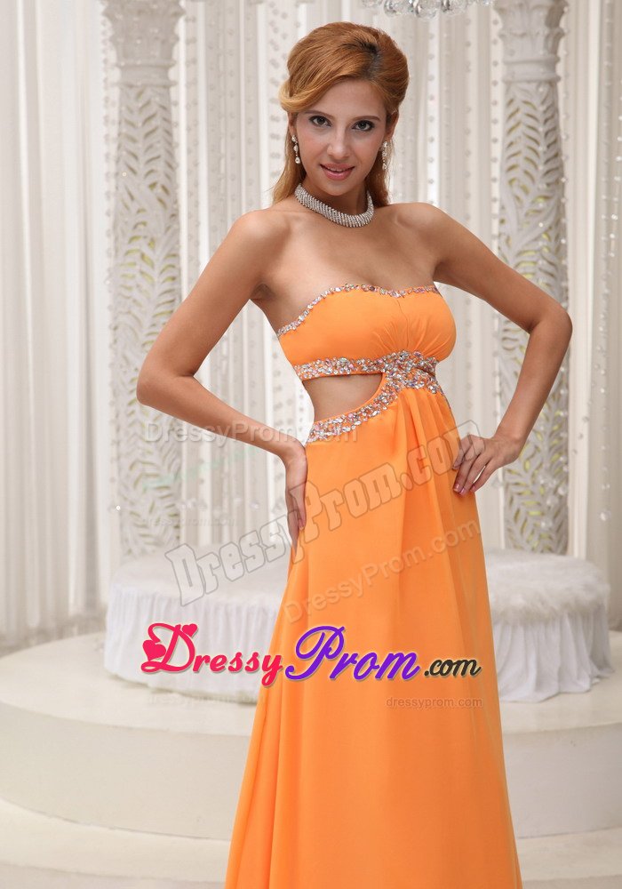 Orange Beaded Chiffon Waist Cut 2013 Prom Gown with Open back