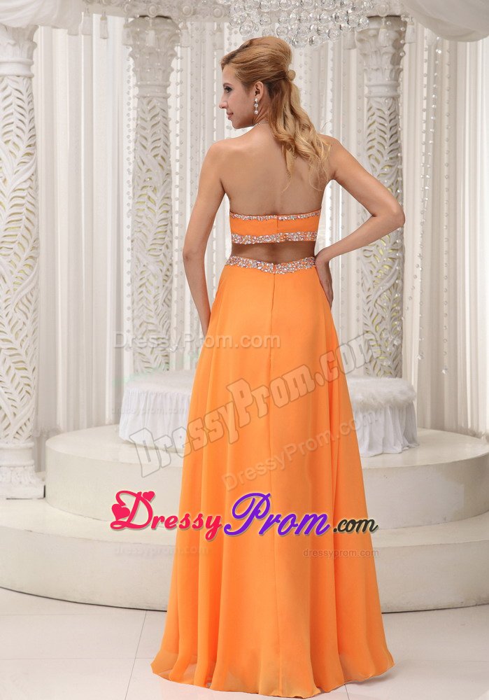 Orange Beaded Chiffon Waist Cut 2013 Prom Gown with Open back