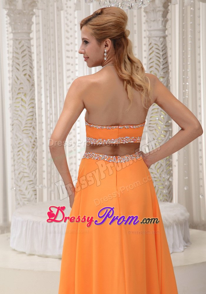 Orange Beaded Chiffon Waist Cut 2013 Prom Gown with Open back