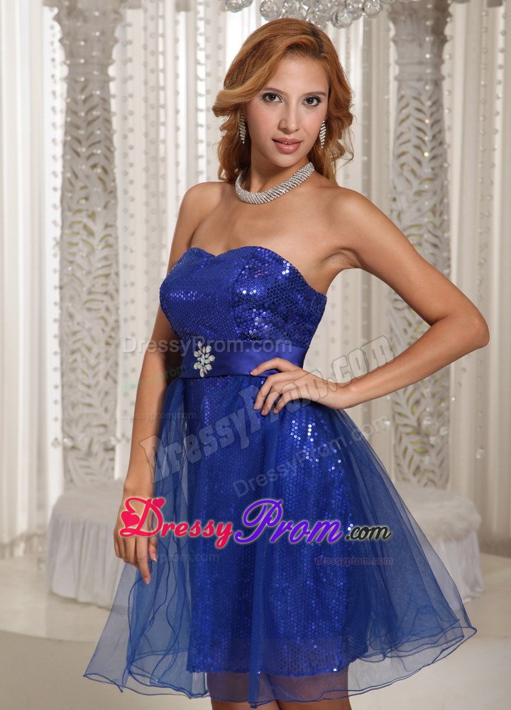 Strapless A-line Peacock Blue Sequined Mini-length Prom Dress