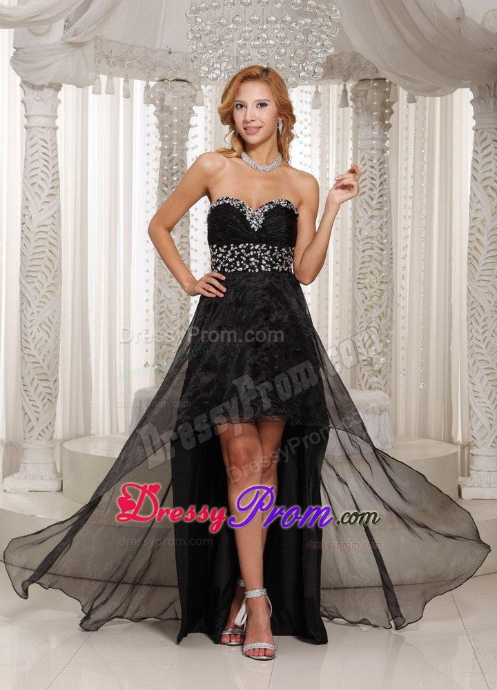 Black Organza Sweetheart Beaded Prom Dress in High-low Design